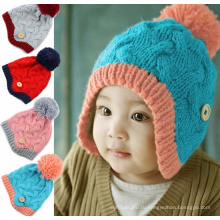 Младенческая шерстяная многоцветная зимняя теплая шляпа с наушниками с милым шаром